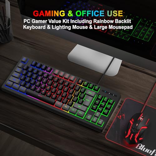 BlueFinger RGB 87 Keys Gaming Keyboard and Backlit Mouse Combo, USB Wired Rainbow Keyboard, Gaming Keyboard Set for Laptop PC Computer Game and Work(Gray & Black) - color: Gray & Black