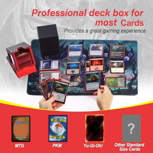 MTG Deck Box, Double Display Window, Commander Deck Box Fits 120+ Single Sleeved Cards, PU Leather Magnetic Closure Card Box with 2 Dividers&2 Toploaders for TCG, CCG, Black/Red - color: Black/Red, size: 1 pack
