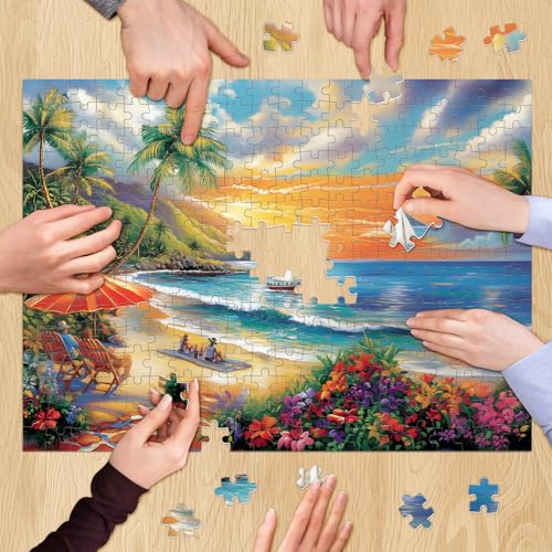300 Pieces Puzzles for Adults, Summer Beach Jigsaw Puzzles 300 Pieces Puzzles for Adults Kids, Colorful Sunset Boat Jigsaw Puzzles, Birthday and Holiday Challenging Gift Toy 20.5x15 in - style: Summer Beach