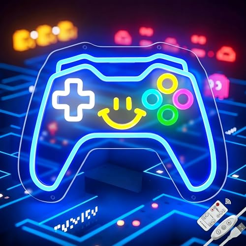 Gaming Neon Signs Controller LED Sign with Remote for Gamer Room Decor, Gamepad Shaped LED Neon Sign for Son Gamer Lovers Gifts, Game Neon Light Smile Face for Basement Bedroom Boys Man Cave Kids Teen - color: Controller