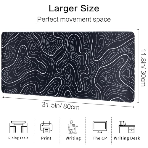 Large Gaming Mouse Pad for Desk, Black Topographic Mouse Pad Desk Mat for Gaming Office, Long XL Mouse Pads Keyboard Pad Desk Pad for Computer Laptop 31.5''x11.8'' - color: Black