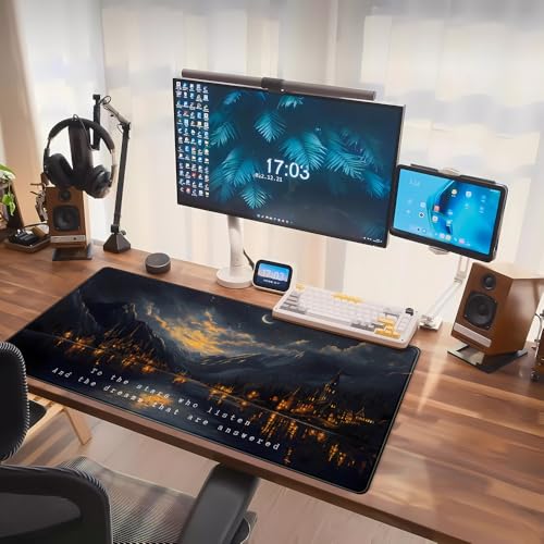 Starry Night Mountain Desk Pad Mat Moon Oil Painting XXL Black Mouse Pad for Gaming Deskpad, Aesthetic Moon and Stars Mousepad Xxl for Laptop Computer Mouse Game Keyboard Mat, 31.5 X 15.8 In - color: Night Castle