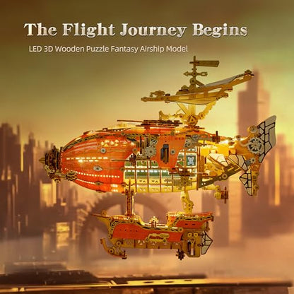 FUNPOLA LED 3D Wood Puzzle Fantasy Airship Model - Steampunk DIY Craft Kit with LED Lights – Intricate Wooden Airship Model Building Set for Adults(Orange) - color: Orange