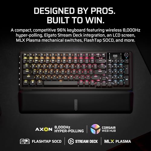 Corsair Vanguard 96 Wireless Mechanical RGB Gaming Keyboard – QWERTY US, 96% Layout, Hot-Swappable MLX Switches, 8000Hz Hyper-Polling, Stream Deck Integration, Flashtap SOCD – Black