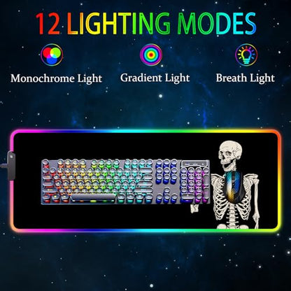 RGB Gaming Mouse Pad, Large Mousepad with Led Light, Big Keyboard Pad Gaming Accessories for Desk, Non-Slip Rubber Base Black Human Skeleton Mouse Mat for Gamer, 31.5 X 11.8 Inch - color: 03 Black Human Skeleton