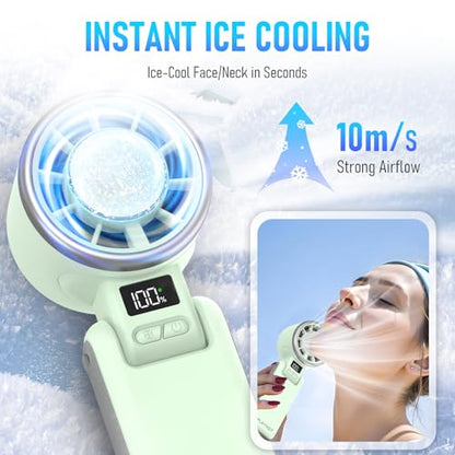 PlayHot Upgraded Portable Handheld Fan with 60°F Ice Cooling, Up tp 12Hrs Hand Held Portables Fans, 5 Speed 25550RPM Powerful Portable Fan Handheld, Hand/Neck/Desk Fan 3 IN 1(Green) - color: green