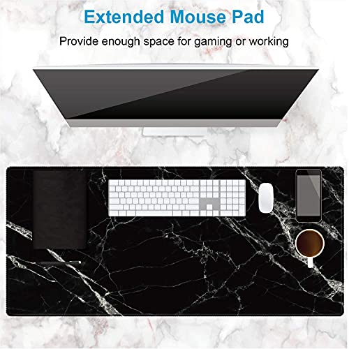XXL Waterproof Office Desk Pad Protector 35.4x15.7 Inch - Extended Gaming Mouse Pad with Non-Slip Rubber Base, Thickened Keyboard Mat, Stitched Edges & Black White Marble Design - color: Black White