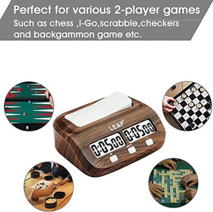 LEAP Chess Clock Digital Chess Timer for Chess Board Game (Official Store) | Professional Time control, Count up/down, Alarm, Energy save, Woodgrain Finish, Timer for 2 Board Games