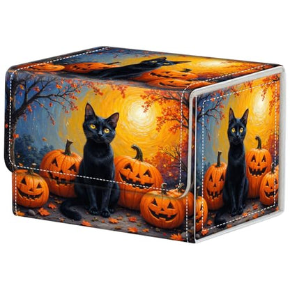 Cat with Pumpkins Deck Box for MTG Commander | Holds 100+ Double-Sleeved Cards | Strong Magnetic TCG Card Case for Collectible Games - color: Cat with Pumpkins