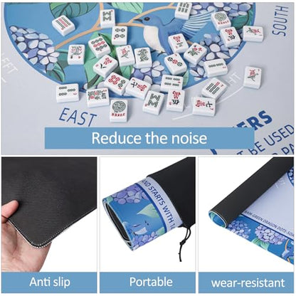 TIASUSAN Blue Mahjong Learning Mat (33” x 33”) with Black Carrying Bag, Anti-Slip, Noise-Reducing Mahjong Mat for Table, Board Games, Tile Games and Cards - color: Blue