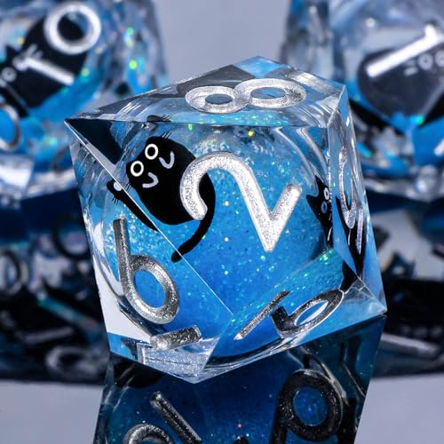 Roycevon Resin DND Dice Set with Gift Box, 7Pcs Liquid Core Cat D&D Dice, Cute Dungeons Dragons D and D Dice, Sharp Edge Role Playing Game Dice D20 D12 D10 D8 D6 D4, Blue - color: Blue