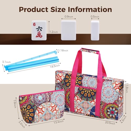 American Mahjong Tile Set with Rose-Red Printed Carrying Bag, 166 Premium White Tiles, 4 All-in-One Color Racks/Pushers, Mah Jongg Sets, Complete Mahjong Game Set for Travel - color: Rose-red Print