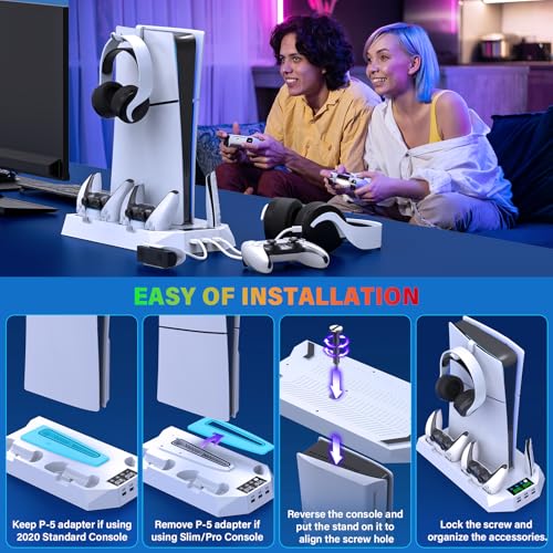 PS5/Slim/Pro Cooling Station with Controller Charging Station for PlayStation 5 Slim/Pro Console, PS5 Cooling Stand Cooler Accessories Incl Cooling Fan, 3 USB Hubs, Headset Holder, Screw - White - color: White