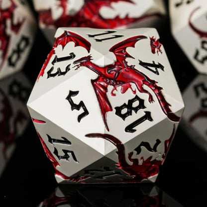 Dungeons and Dragons Dice D&D Metallic Dragon Sharp Edged Dice Set with Box, Polyhedral DND Role Playing Game D and D Dice Set D20 D12 D10 D8 D6 D4 - color: Dragon-pearl Silver Transparent Red