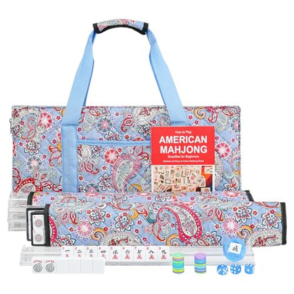 American Mahjong Game Set, 166 White Tiles, 4 Transparent All-in-One Rack/Pushers, Complete Mahjong Tile Set, Blue-Red Printed Carrying Bag - color: Blue-red