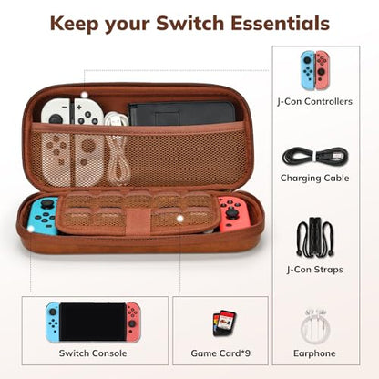 Younik Switch Case for NS Switch and Switch OLED, PU Leather, Brown | Hard EVA Shell, Portable Travel Case with 9 Games Slots - color: Brown-for Switch 2017/Switch OLED