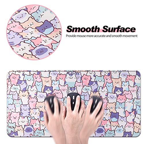 Cute Kawaii Cat Mouse Pad, Gaming Office Home Mousepad, Computer Keyboard and Laptop Desk Mat for Women, Large Extended Non-Slip Rubber Base with Stitched Edges, 31.5x15.7x0.12 in, Pink - color: Cat