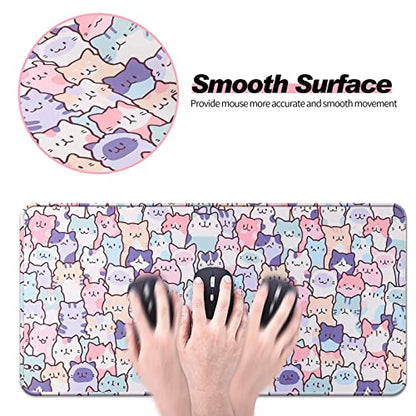 Cute Kawaii Cat Mouse Pad, Gaming Office Home Mousepad, Computer Keyboard and Laptop Desk Mat for Women, Large Extended Non-Slip Rubber Base with Stitched Edges, 31.5x15.7x0.12 in, Pink - color: Cat