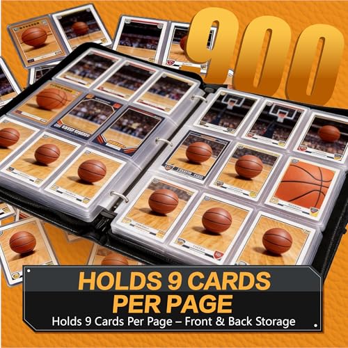 Basketball Card Binder with Sleeves, 9-Pocket Portable Card Protectors Album Holder Book with Zipper, Fits 900 Cards with 50 Removable Sleeves, Basketball Cards Display Storage Carrying Case -XS01 - color: Lanqiu-XS01-900 cards