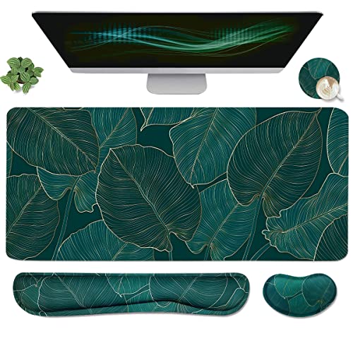 Ergonomic Large Mouse Pad and Keyboard Wrist Rest, Desk Pad for Keyboard and Mouse, 4-in-1 Large Gaming Mouse Pad with Wrist Support for Home Office Study Game-Green Leaves - color: Green Leaves