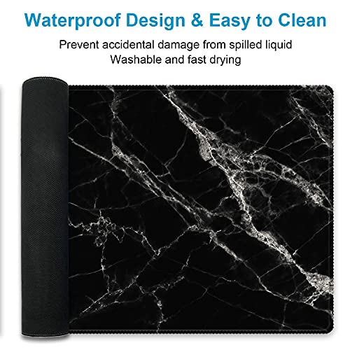 XXL Waterproof Office Desk Pad Protector 35.4x15.7 Inch - Extended Gaming Mouse Pad with Non-Slip Rubber Base, Thickened Keyboard Mat, Stitched Edges & Black White Marble Design - color: Black White