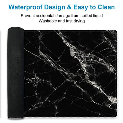 XXL Waterproof Office Desk Pad Protector 35.4x15.7 Inch - Extended Gaming Mouse Pad with Non-Slip Rubber Base, Thickened Keyboard Mat, Stitched Edges & Black White Marble Design - color: Black White