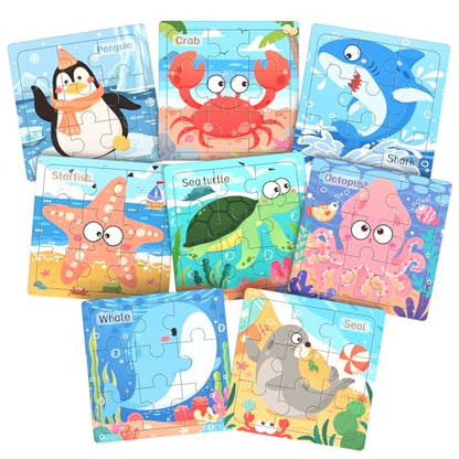 Zeoddler Wooden Puzzles for Toddlers, 8 Pack Sea Animal Jigsaw Puzzles for Kids3-5, 9 Pieces Preschool Learning Activities, Learning & Educational Toys, Gift for Boys, Girls - style: Sea Animal