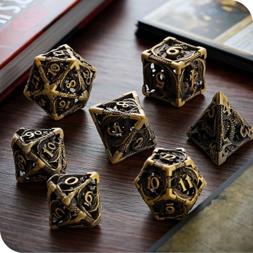 MoKo Dragon Hollow Metal DND Dice Set, Bronze | 7 Pcs Polyhedral, D20 D12 D10 D8 D6 D4, For Dungeons and Dragons RPG Games, With Gift Box - color: 4 - Bronze