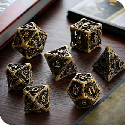 MoKo Dragon Hollow Metal DND Dice Set, Bronze | 7 Pcs Polyhedral, D20 D12 D10 D8 D6 D4, For Dungeons and Dragons RPG Games, With Gift Box - color: 4 - Bronze
