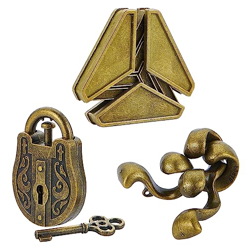 Brain Teaser Puzzles- 3 PCS Metal Puzzles Kit Metal Cast Puzzle Games Toys | Unlock Interlock Puzzles Box Mind IQ Logic Test Disentanglement Games Toys for Adults School WP140A - color: Golden Puzzle, size: 3PCS (Gold)