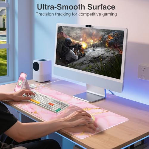 Wireless Charging Mouse Pad with Phone Holder, 31.5"x15.8" in, Pink Marble | Large Desk Mat for Laptop/Keyboard, Waterproof Ultra-Smooth Surface, Non-Slip Base - color: Pink Marble-Phone Holder-31.5"x15.8"