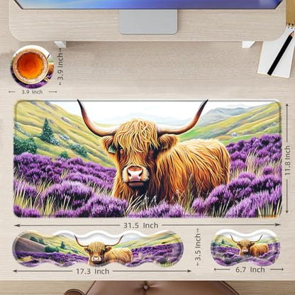 Large Mouse Pad and Keyboard Wrist Rest, Desk Pad for Keyboard and Mouse, 4-in-1 Large Gaming Mouse Pad with Wrist Support, Desk Mat for Home Office Study Game,Cute Highland Cow - color: Cute Highland Cow