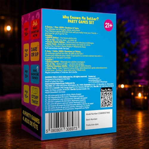 Quokka Party Games Set – Who Knows Me Better Collection with 4 Game in 1 Box – 2000+ Questions – Card Games for Adults and Teens – Board Game for Family Night, Friends & Couples Ages 15+ - color: Adult Set
