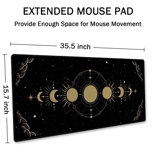 SSOIU Moon Phase Desk Mat, XXL Gold Moon Cycle Lunar Chart, Stars Horoscope Zodiac Extended Gaming Mouse Pad (35.5x15.7 in), Large Rubber Base - color: Moon Phase