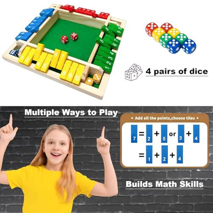 Shut The Box Game Dice Game, 2-4 Player Math Learning Toy for Adult Kids 5-7 8-12, Educational Wooden Board Tabletop Game with 8 Dice for Family, Classroom & Senior Activities, Pub and Party