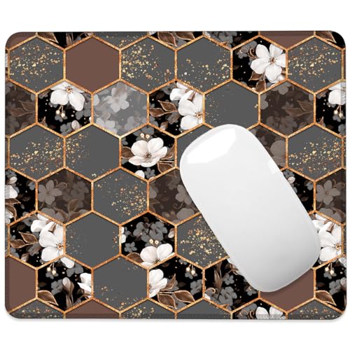 Hexagon Texture with White Flowers Mouse Pad Square Mouse Pads with Stitched Edge, Computer Mousepad with Non-Slip Rubber Base for Computer Laptop Office Desk Accessories 9.5x8 Inches - color: Hexagon Texture with White Flowers