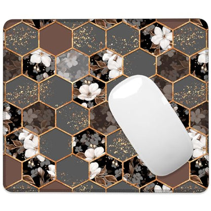 Hexagon Texture with White Flowers Mouse Pad Square Mouse Pads with Stitched Edge, Computer Mousepad with Non-Slip Rubber Base for Computer Laptop Office Desk Accessories 9.5x8 Inches - color: Hexagon Texture with White Flowers