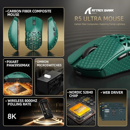 ATTACK SHARK R5Ultra 8K Carbon Fiber Wireless Gaming Mouse, Green&Tape | 42K DPI,PAW3950 MAX Sensor,39g Ultra-Lightweight,Nordic 52840 MCU Chip,Wired/BT/2.4GHz Wireless Programmable Mouse for PC/Mac - color: Green&Griptape