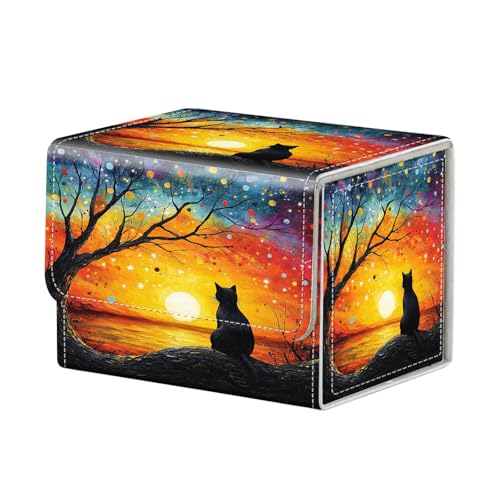 Cat Sunset Tree for MTG Deck Box, 100+ Double Sleeved Card Storage Case, PU Leather Commander Deck Case for TCG Magic Yugioh, Magnetic Closure - color: Cat Sunset Tree