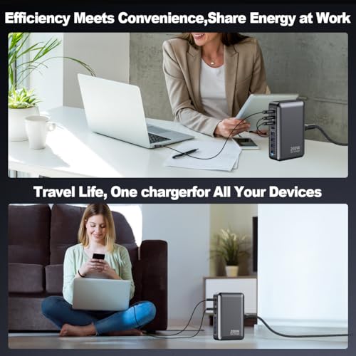 USB C Charger 200W Charger Block, 8-Ports Gan Fast Charging Station Hub, PD 65W Laptop Charging Adapter Compatible with MacBook Pro/Air, DELL, Steam Deck, iPhone 17/16/15/14, Galaxy - color: Black