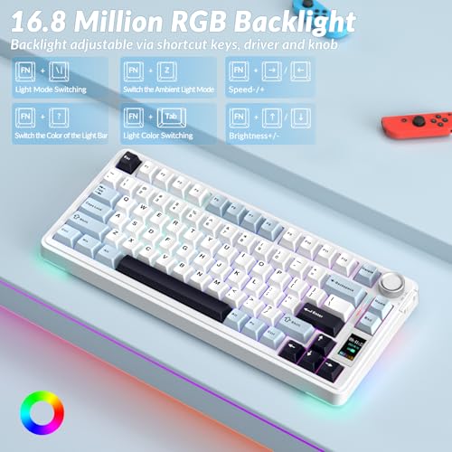 AULA S75 PRO Wireless Mechanical Keyboard with Screen&Knob, 75% Hot Swappable Gaming Keyboard with Pre-lubed Switches, RGB Backlit, PBT Keycaps Creamy Sounding Pc Gaming Keyboards - color: White&Blue