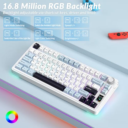 AULA S75 PRO Wireless Mechanical Keyboard with Screen&Knob, 75% Hot Swappable Gaming Keyboard with Pre-lubed Switches, RGB Backlit, PBT Keycaps Creamy Sounding Pc Gaming Keyboards - color: White&Blue