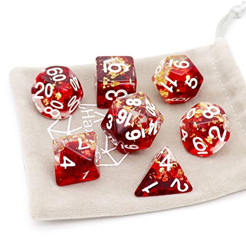 Haxtec Red Clear DND Dice Set, 7 Pcs Gold Foil Resin Polyhedral RPG Dice | Role Playing Games Dice with Velvet Bag, Rounded Edge, Compatible with Dungeons and Dragons, Gifts for D&D Lovers - color: Red Clear