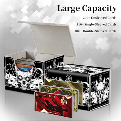 Card Deck Box for MTG,Commander,YuGiOh,Portable 100+ Card Storage Box,Magnetic Closure Durable Leather Trading Card Protector Case for TCG CCG Players & Collectors- Vector Cat Skulls