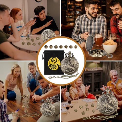 Mini DND Dice Set with Steampunk Dragon Pocket Watch Shell Case, 7pcs Polyhedral Metal DND Dice Set, DND Starter Set, D&D Gifts with Dragon Logo Gift Bag, Role Playing Board Games Accessories, Bronze - color: Bronze