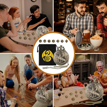 Mini DND Dice Set with Steampunk Dragon Pocket Watch Shell Case, 7pcs Polyhedral Metal DND Dice Set, DND Starter Set, D&D Gifts with Dragon Logo Gift Bag, Role Playing Board Games Accessories, Bronze - color: Bronze