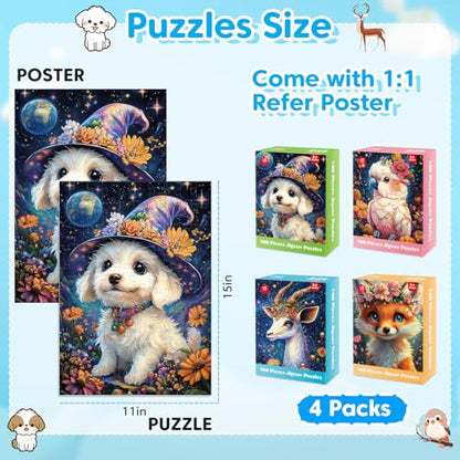 4 Packs 100 Piece Puzzles for Kids Ages 4-6, Jigsaw Puzzles for Kids Ages 6-8 8-10 Adorable Animals Puzzles 100 Pieces for Senior Search and Find Learning Educational Toys for Boys and Girls - style: Puppy Parrot Fox