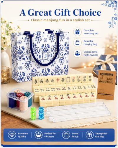 BESTOYARD 1.2-Inch Chinese Mahjong Set, 144 Tiles, 4 Racks and Carrying Bag | Traditional Mahjong Tile Set with 100 Chips, 6 Dice and Rule Book for 4 Players, Beginners, Travel and Family Game Night