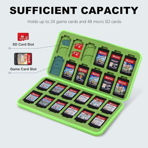FYY Nintendo Switch Game Case Holder for Switch 2 Cartridge, Light Green | 24 Game Card Slots & 48 Micro SD Card Slots, Hard Shell, Silicone Lining - color: B-Green
