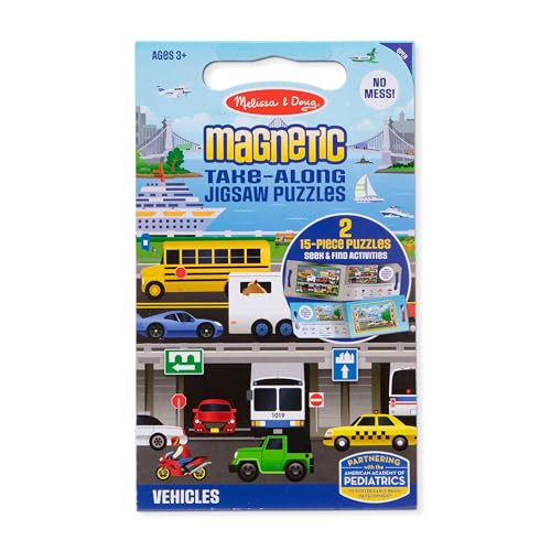 Melissa & Doug Take-Along Magnetic Jigsaw Puzzle Set – Vehicles (2 x 15 Piece) Travel Activity Toy for Preschoolers and Kids Ages 3+ - size: 8.5 x 7.25 x 0.3 inches, style: Vehicles